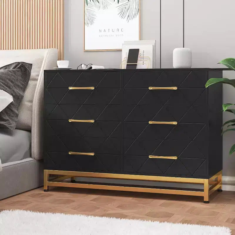 Commode 6 tiroirs pour chambre à coucher, commode double en bois avec poignées dorées, commode moderne avec tiroirs profonds pour salon, couloir
