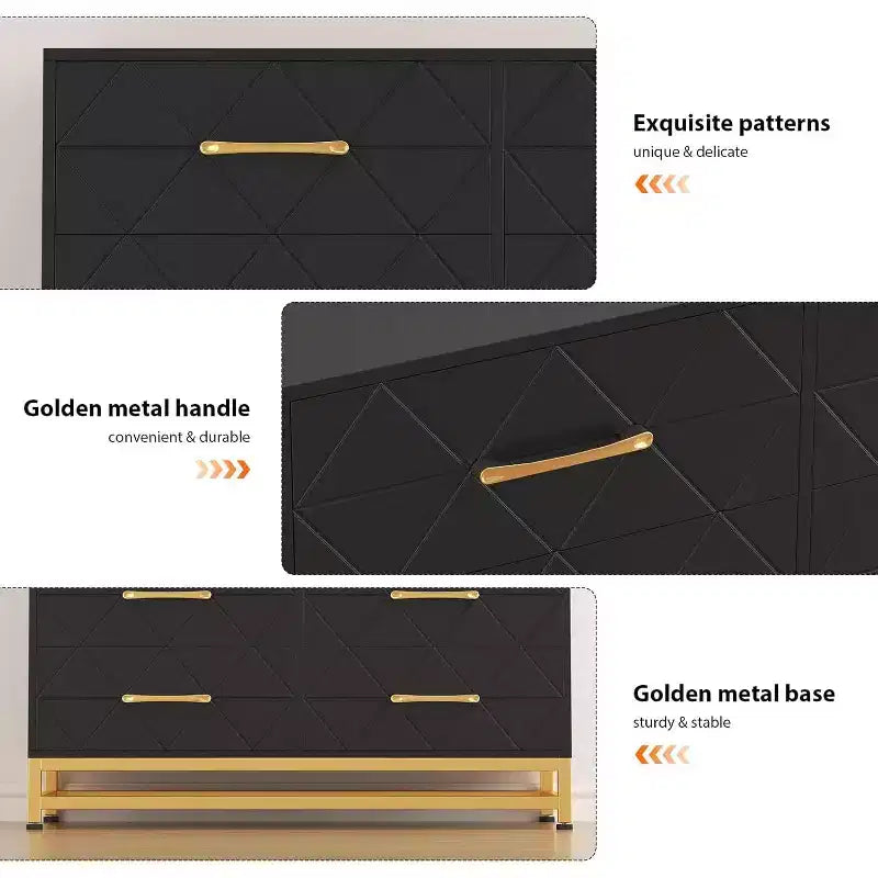 Commode 6 tiroirs pour chambre à coucher, commode double en bois avec poignées dorées, commode moderne avec tiroirs profonds pour salon, couloir