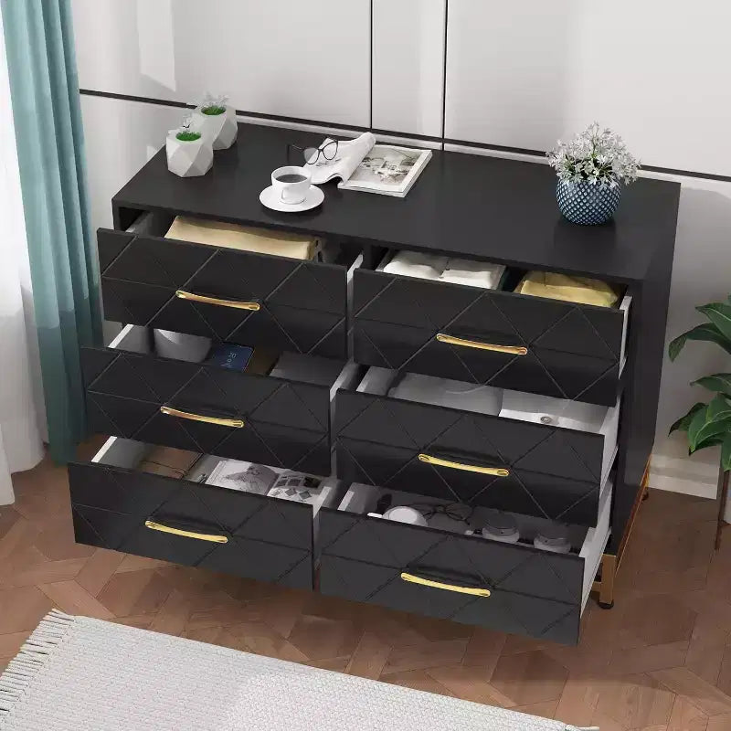 Commode 6 tiroirs pour chambre à coucher, commode double en bois avec poignées dorées, commode moderne avec tiroirs profonds pour salon, couloir