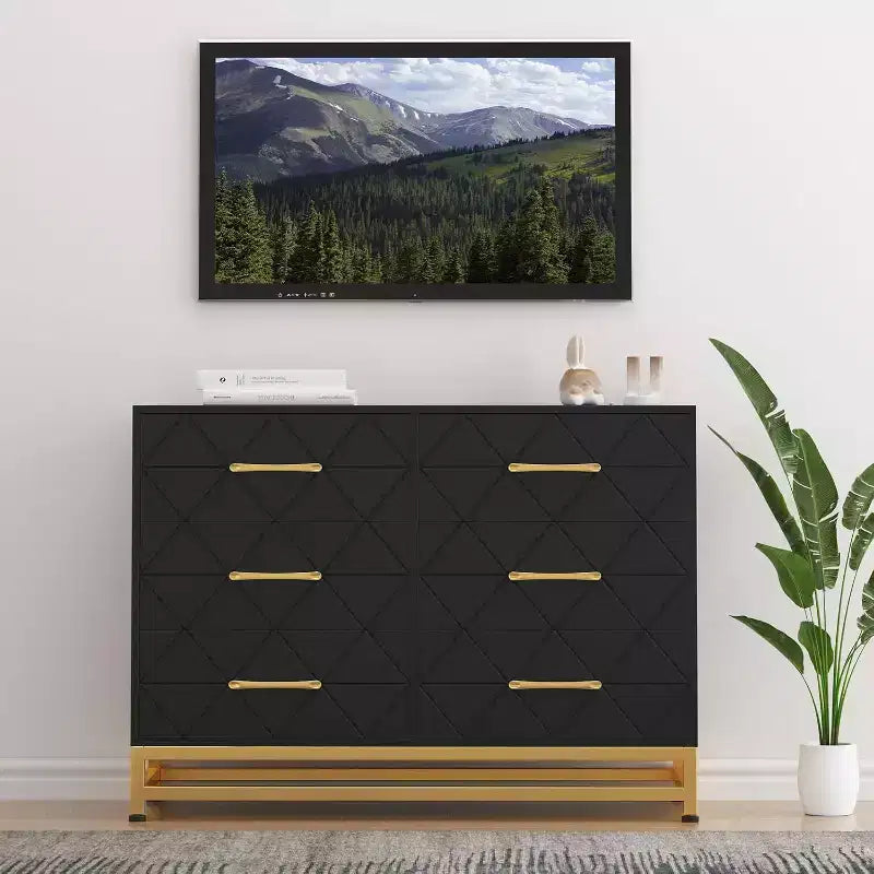 Commode 6 tiroirs pour chambre à coucher, commode double en bois avec poignées dorées, commode moderne avec tiroirs profonds pour salon, couloir
