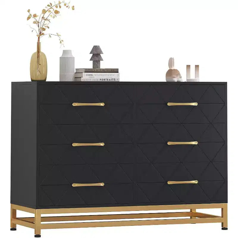 Commode 6 tiroirs pour chambre à coucher, commode double en bois avec poignées dorées, commode moderne avec tiroirs profonds pour salon, couloir