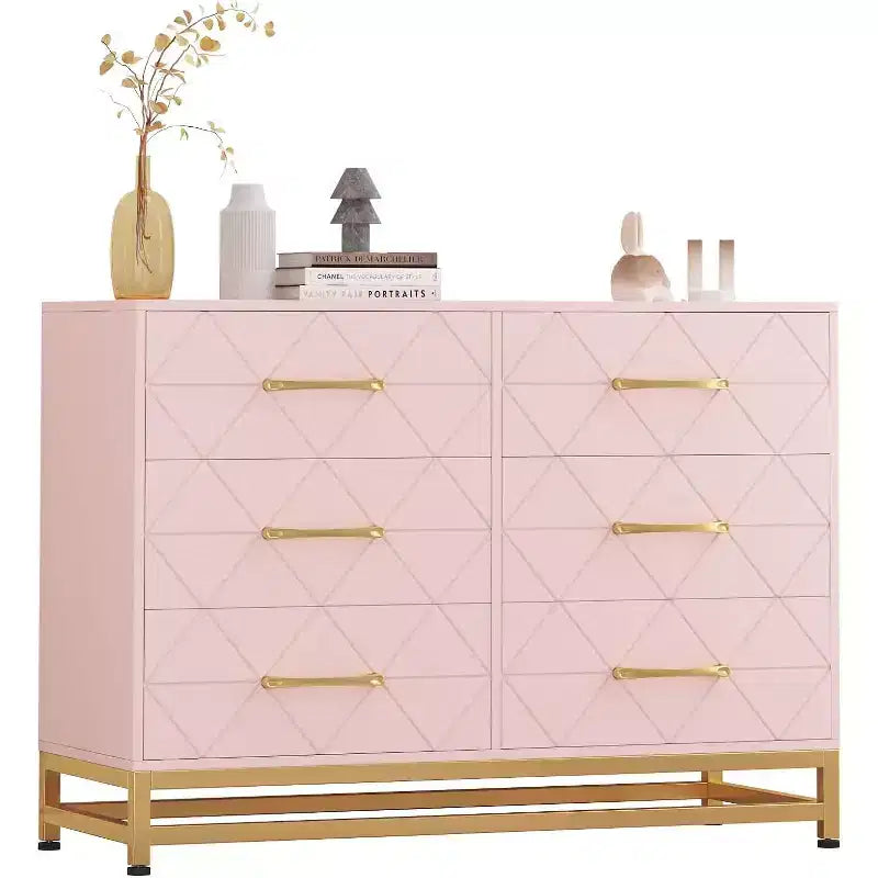 Commode 6 tiroirs pour chambre à coucher, commode double en bois avec poignées dorées, commode moderne avec tiroirs profonds pour salon, couloir