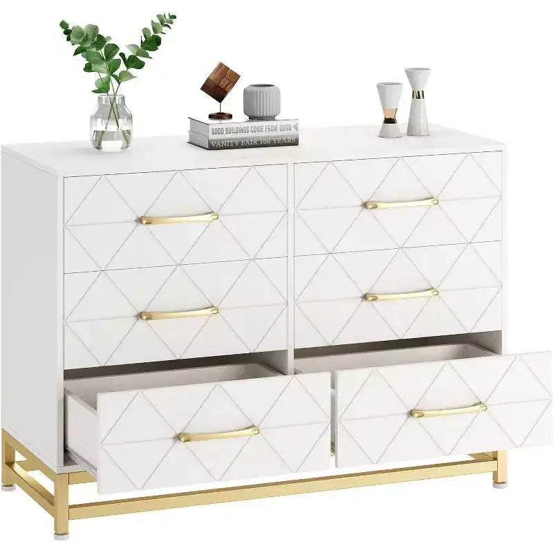 Commode 6 tiroirs pour chambre à coucher, commode double en bois avec poignées dorées, commode moderne avec tiroirs profonds pour salon, couloir