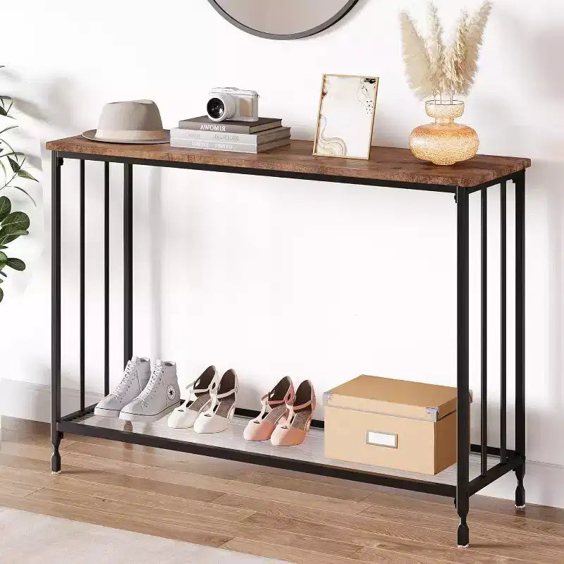Console, Table de canapé en verre trempé avec étagère en verre et cadre en métal, Table d'entrée étroite moderne, Cadre en métal, pour Salon, Couloir