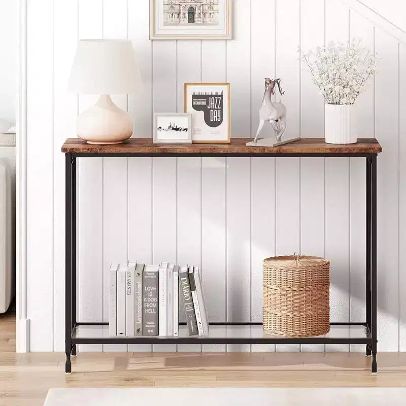 Console, Table de canapé en verre trempé avec étagère en verre et cadre en métal, Table d'entrée étroite moderne, Cadre en métal, pour Salon, Couloir
