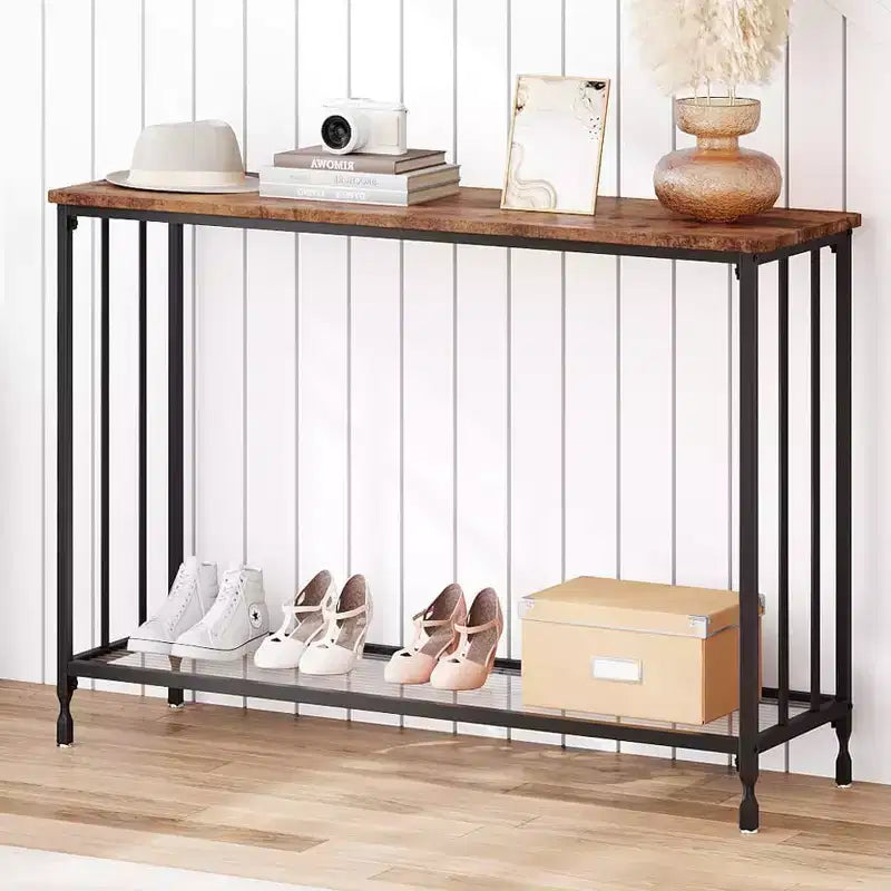 Console, Table de canapé en verre trempé avec étagère en verre et cadre en métal, Table d'entrée étroite moderne, Cadre en métal, pour Salon, Couloir