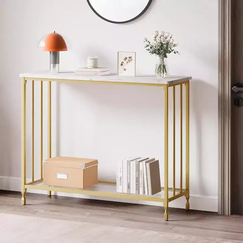 Console, Table de canapé en verre trempé avec étagère en verre et cadre en métal, Table d'entrée étroite moderne, Cadre en métal, pour Salon, Couloir
