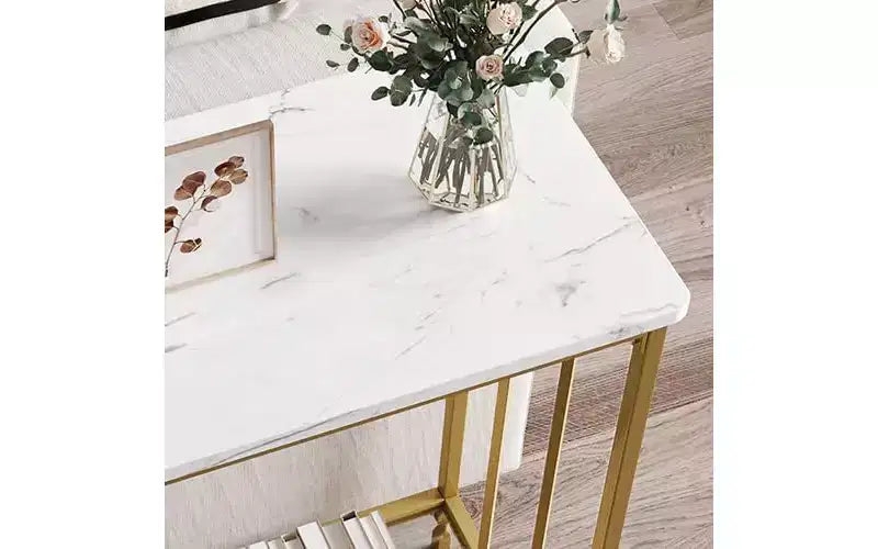 Console, Table de canapé en verre trempé avec étagère en verre et cadre en métal, Table d'entrée étroite moderne, Cadre en métal, pour Salon, Couloir