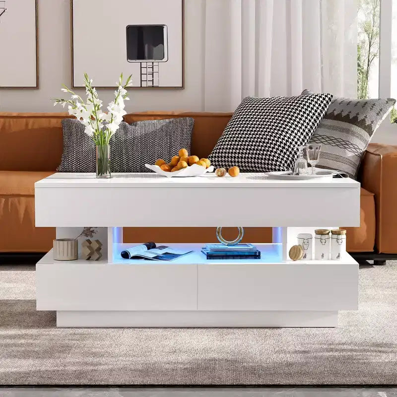 Table basse relevable avec rangement, table basse moderne éclairée par LED avec compartiment caché, 2 tiroirs et étagère ouverte pour le salon