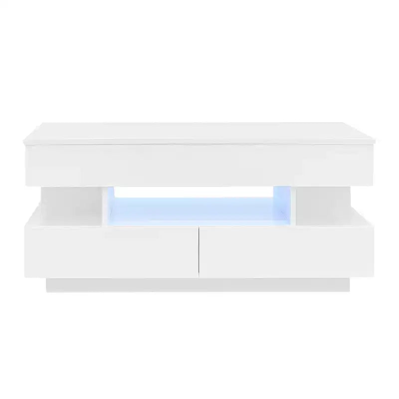 Table basse relevable avec rangement, table basse moderne éclairée par LED avec compartiment caché, 2 tiroirs et étagère ouverte pour le salon