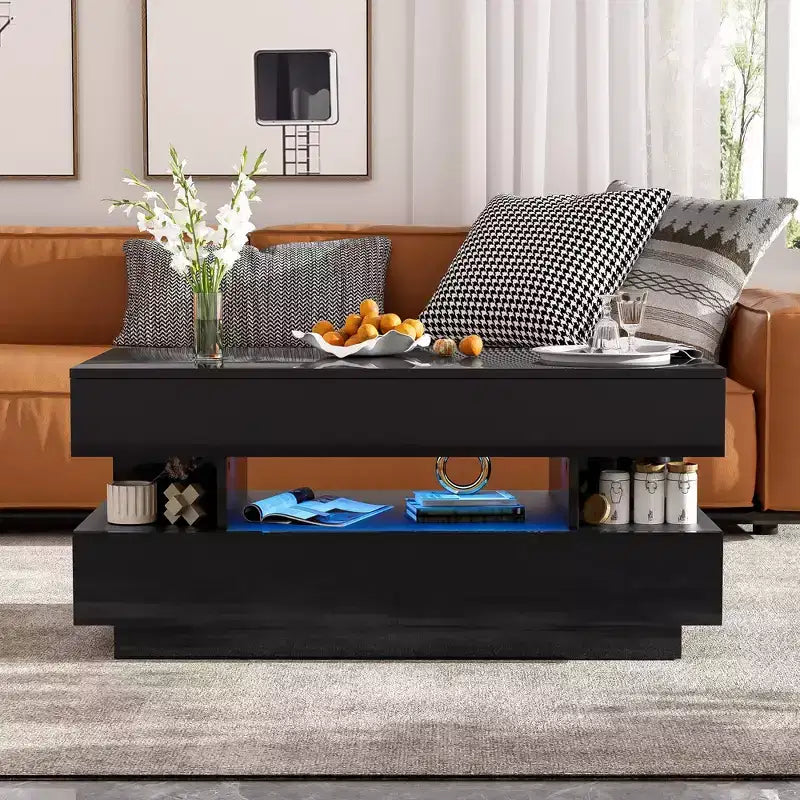 Table basse relevable avec rangement, table basse moderne éclairée par LED avec compartiment caché, 2 tiroirs et étagère ouverte pour le salon