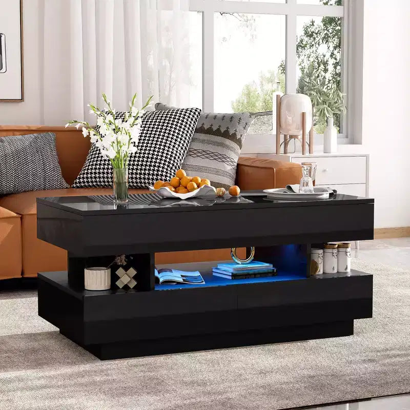 Table basse relevable avec rangement, table basse moderne éclairée par LED avec compartiment caché, 2 tiroirs et étagère ouverte pour le salon