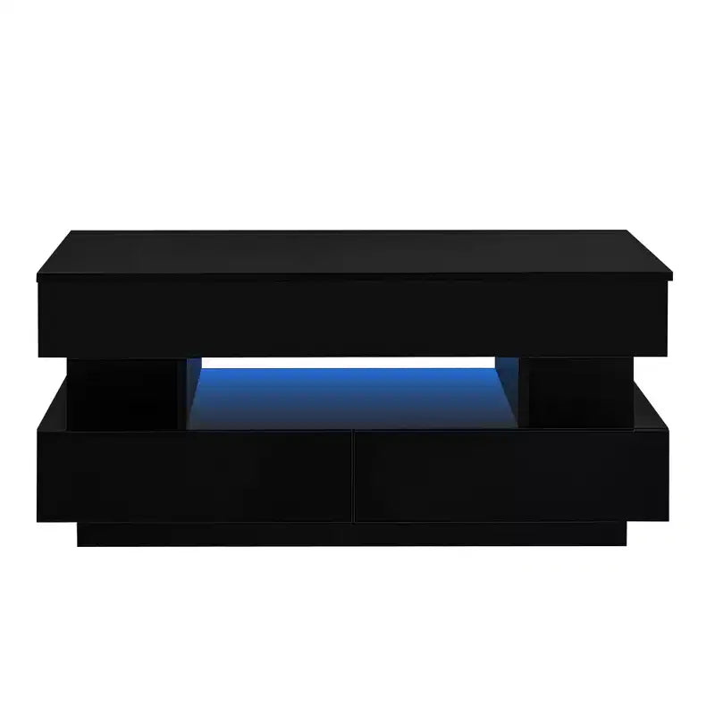 Table basse relevable avec rangement, table basse moderne éclairée par LED avec compartiment caché, 2 tiroirs et étagère ouverte pour le salon