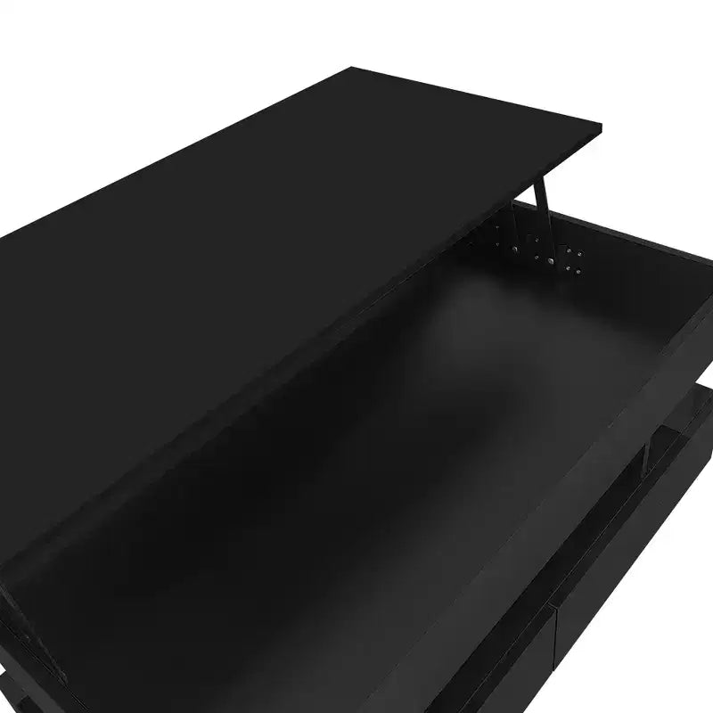 Table basse relevable avec rangement, table basse moderne éclairée par LED avec compartiment caché, 2 tiroirs et étagère ouverte pour le salon