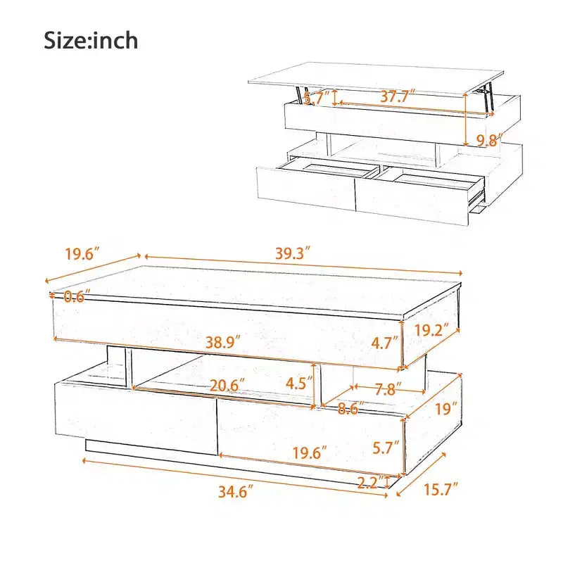 Table basse relevable avec rangement, table basse moderne éclairée par LED avec compartiment caché, 2 tiroirs et étagère ouverte pour le salon