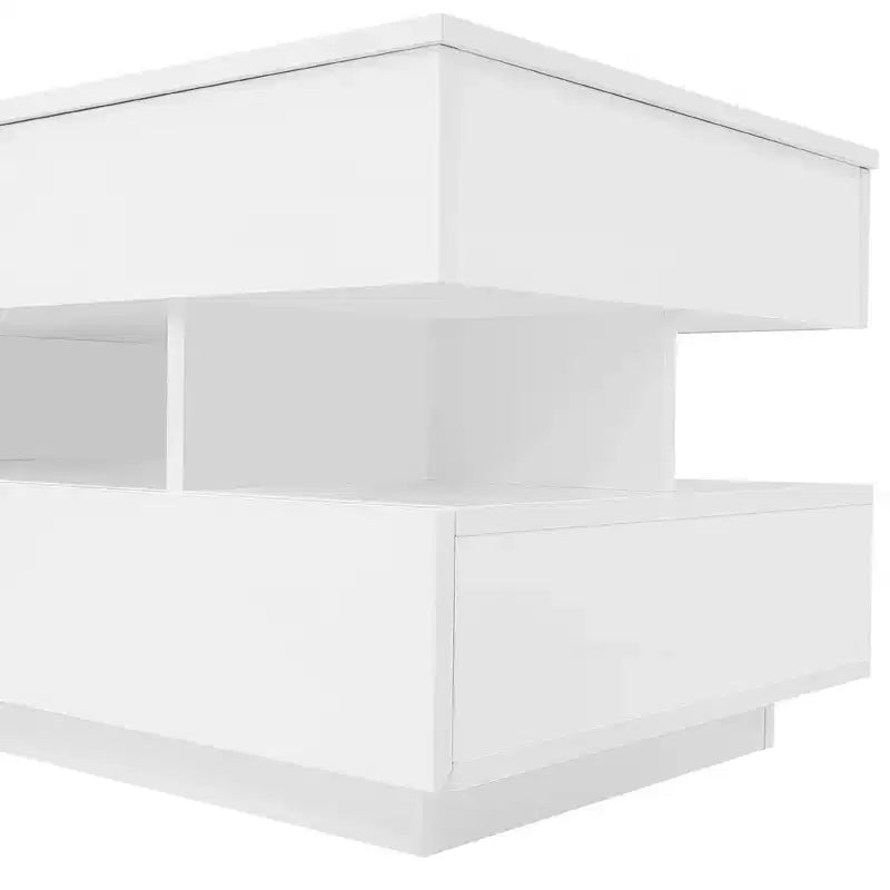 Table basse relevable avec rangement, table basse moderne éclairée par LED avec compartiment caché, 2 tiroirs et étagère ouverte pour le salon