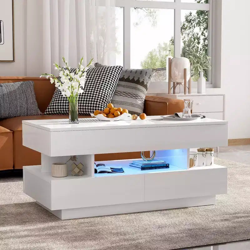 Table basse relevable avec rangement, table basse moderne éclairée par LED avec compartiment caché, 2 tiroirs et étagère ouverte pour le salon