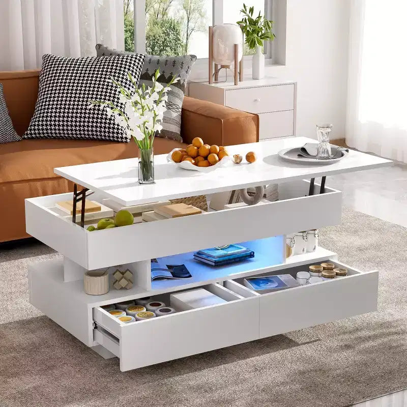 Table basse relevable avec rangement, table basse moderne éclairée par LED avec compartiment caché, 2 tiroirs et étagère ouverte pour le salon