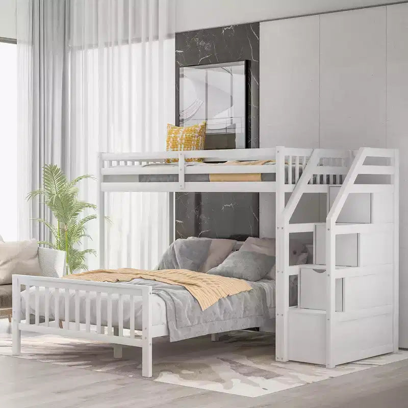 Lit superposé double en bois massif avec 3 tiroirs de rangement, lit mezzanine en bois et cadre de lit plateforme, peut être séparé en 2 lits