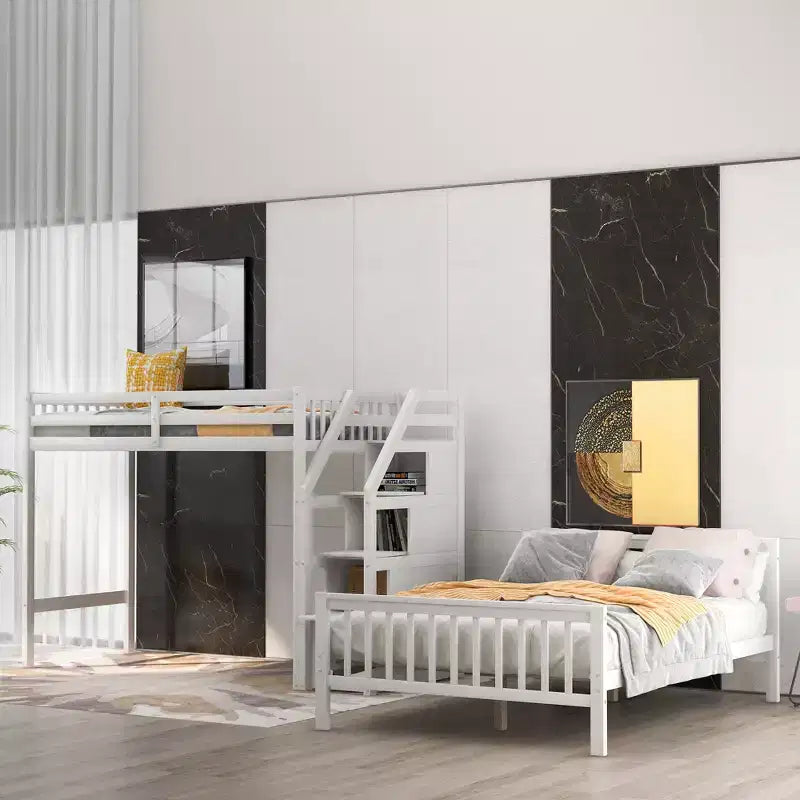 Lit superposé double en bois massif avec 3 tiroirs de rangement, lit mezzanine en bois et cadre de lit plateforme, peut être séparé en 2 lits