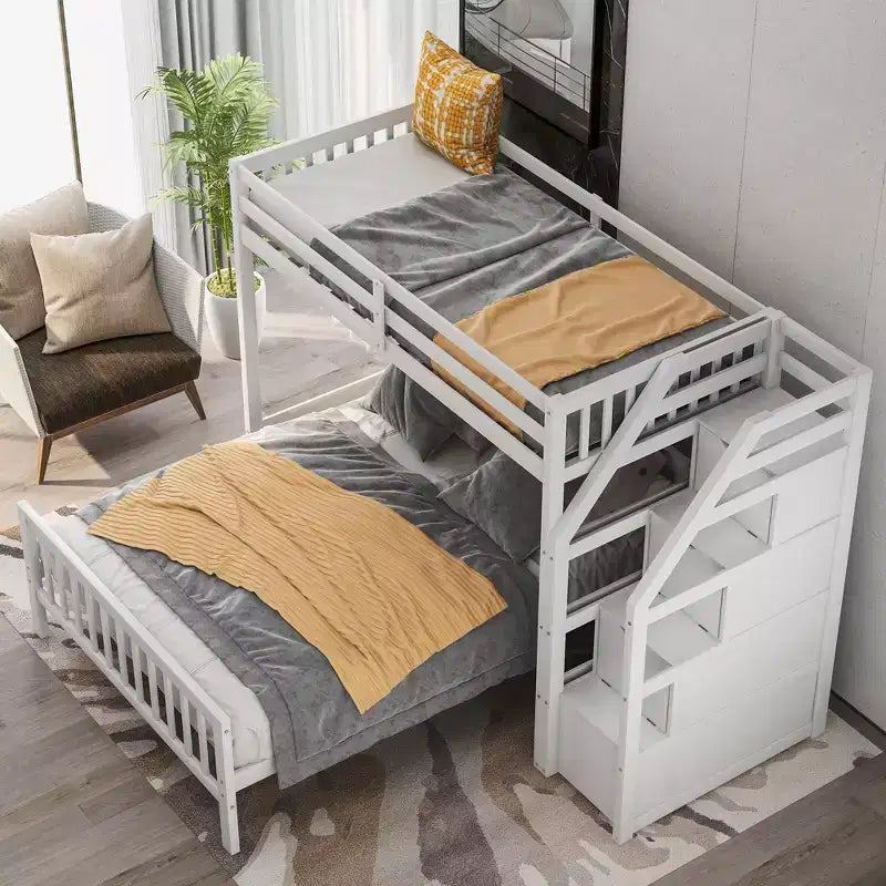 Lit superposé double en bois massif avec 3 tiroirs de rangement, lit mezzanine en bois et cadre de lit plateforme, peut être séparé en 2 lits