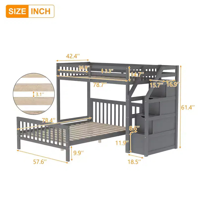 Lit superposé double en bois massif avec 3 tiroirs de rangement, lit mezzanine en bois et cadre de lit plateforme, peut être séparé en 2 lits