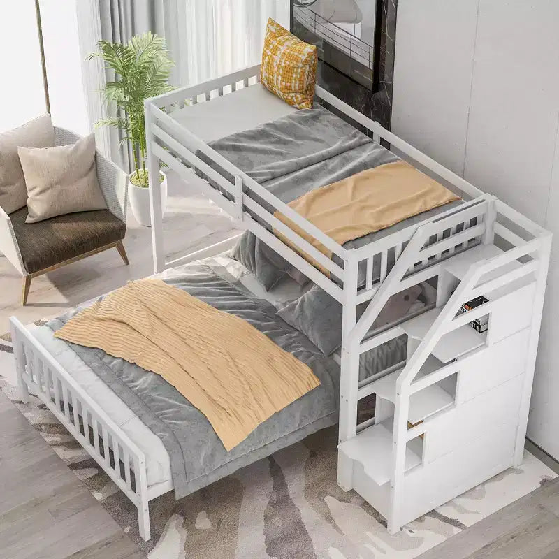 Lit superposé double en bois massif avec 3 tiroirs de rangement, lit mezzanine en bois et cadre de lit plateforme, peut être séparé en 2 lits