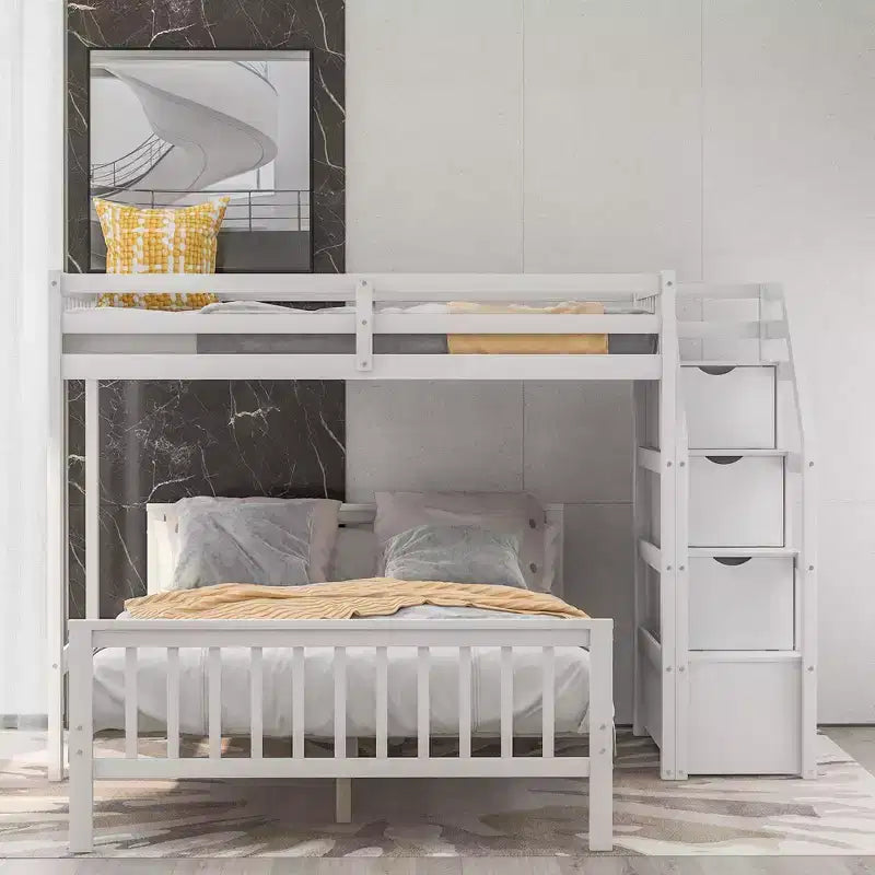 Lit superposé double en bois massif avec 3 tiroirs de rangement, lit mezzanine en bois et cadre de lit plateforme, peut être séparé en 2 lits