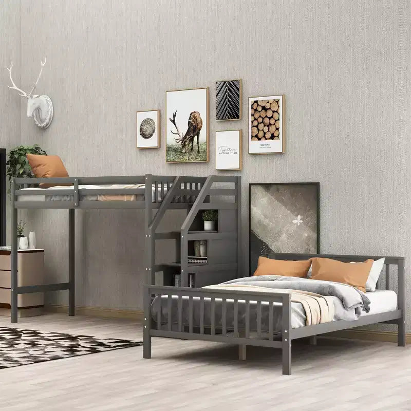 Lit superposé double en bois massif avec 3 tiroirs de rangement, lit mezzanine en bois et cadre de lit plateforme, peut être séparé en 2 lits