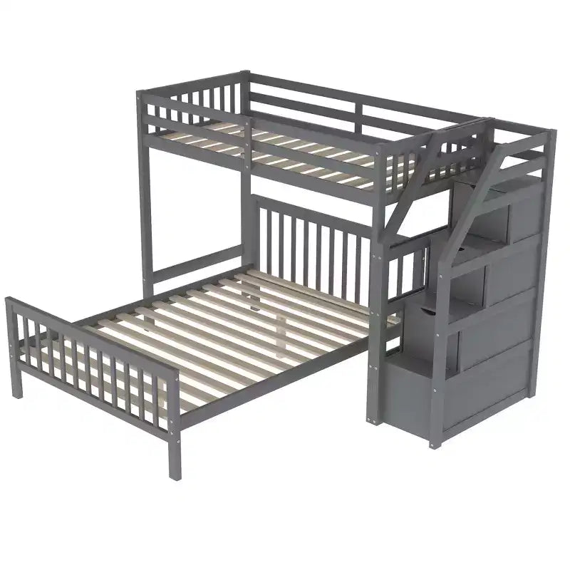 Lit superposé double en bois massif avec 3 tiroirs de rangement, lit mezzanine en bois et cadre de lit plateforme, peut être séparé en 2 lits