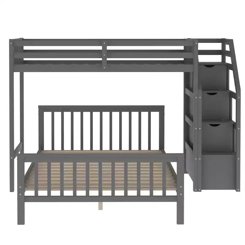 Lit superposé double en bois massif avec 3 tiroirs de rangement, lit mezzanine en bois et cadre de lit plateforme, peut être séparé en 2 lits