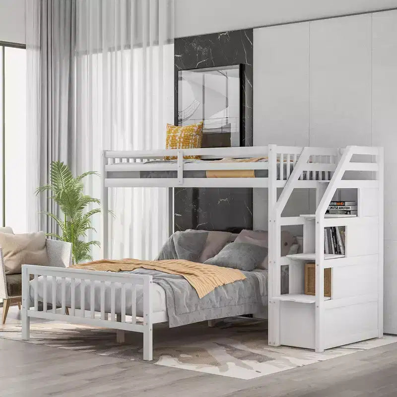 Lit superposé double en bois massif avec 3 tiroirs de rangement, lit mezzanine en bois et cadre de lit plateforme, peut être séparé en 2 lits