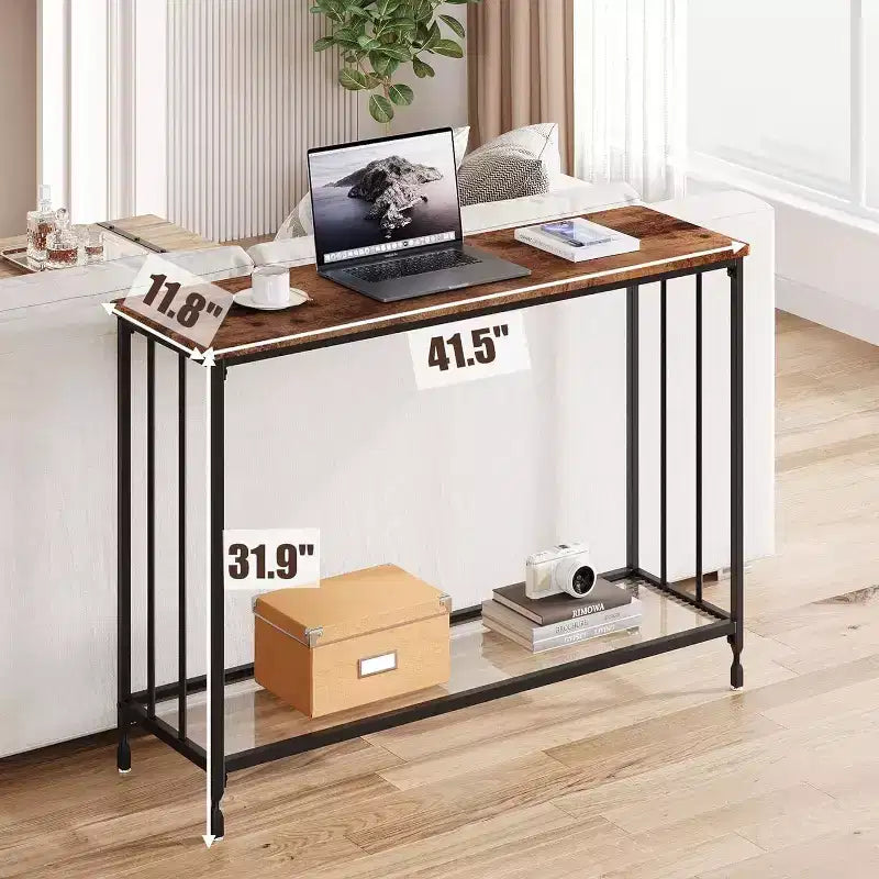 Console industrielle de 41,5 pouces, table d'entrée étroite avec étagère en verre et cadre en métal, table derrière le canapé pour couloir, salon