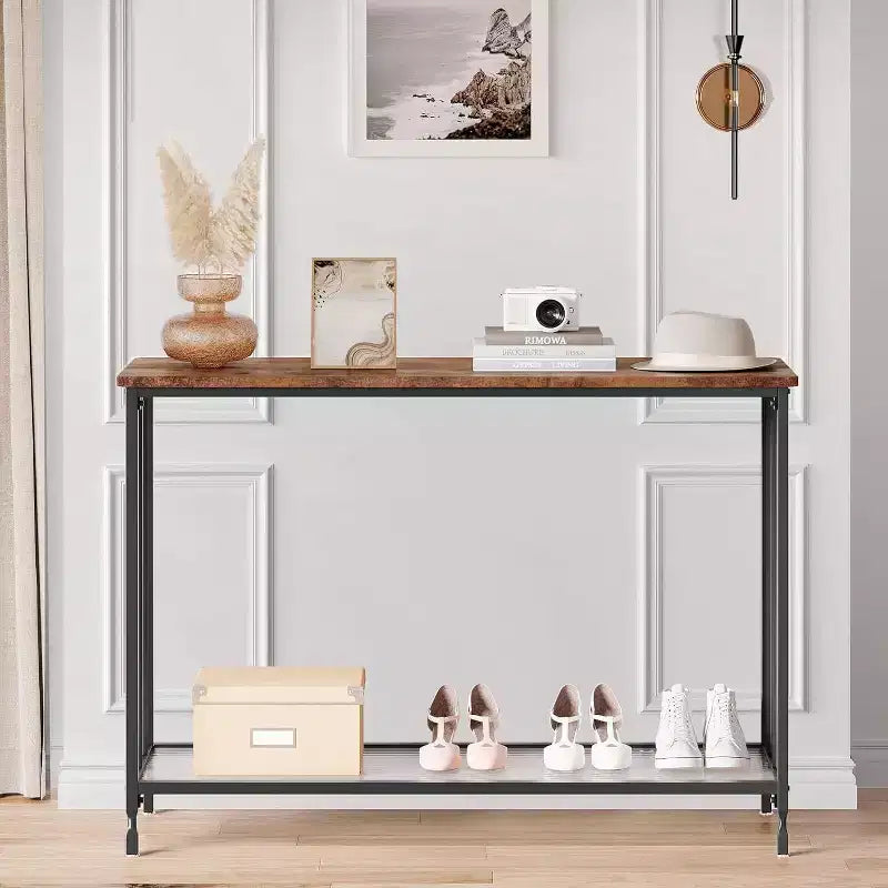 Console industrielle de 41,5 pouces, table d'entrée étroite avec étagère en verre et cadre en métal, table derrière le canapé pour couloir, salon