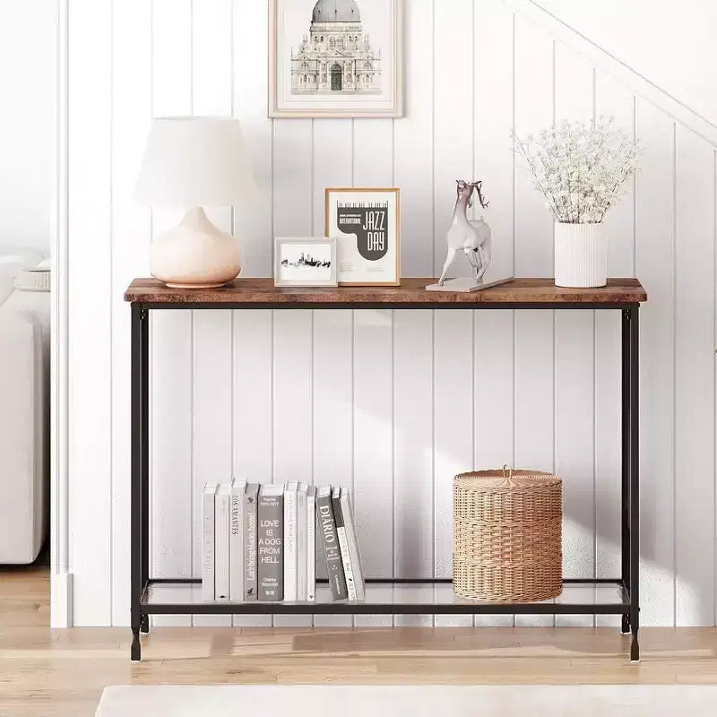 Console industrielle de 41,5 pouces, table d'entrée étroite avec étagère en verre et cadre en métal, table derrière le canapé pour couloir, salon