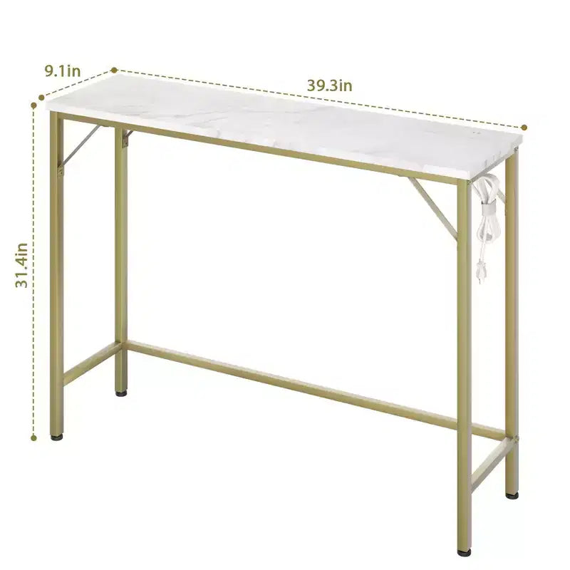 Console étroite, Table dorée avec prises, Table de canapé pour le salon, Table de couloir pour l'entrée