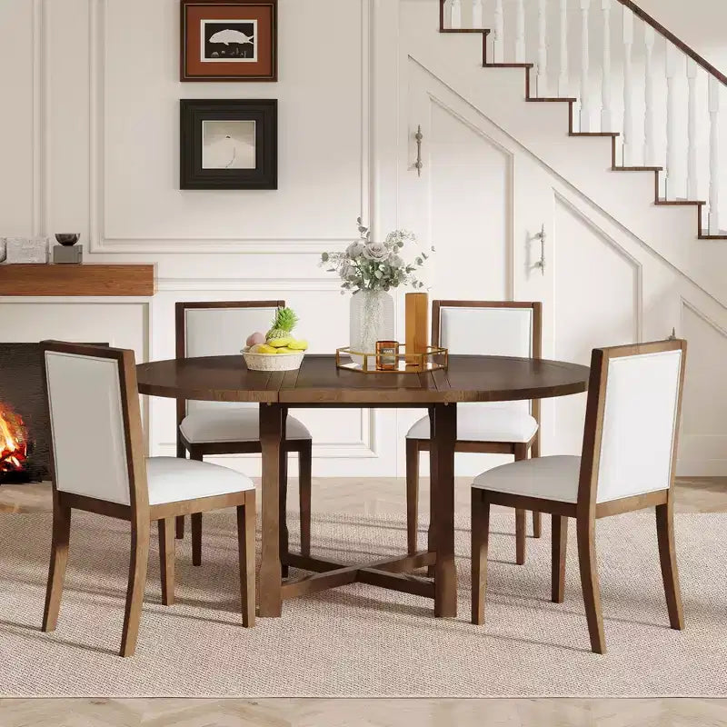 Ensemble de salle à manger 5 pièces avec table ronde extensible et chaises rembourrées