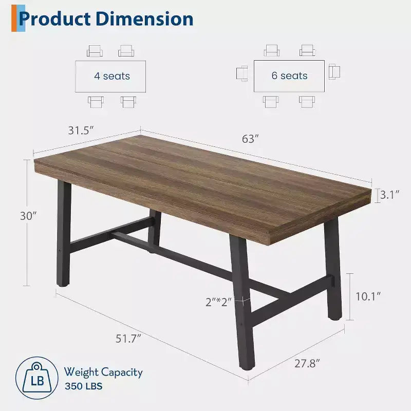 Table à manger industrielle pour 4 à 6 personnes, table de cuisine en bois de 160 cm de long avec cadre métallique robuste – Comptoir rectangulaire pour 4 à 6 personnes pour le dîner
