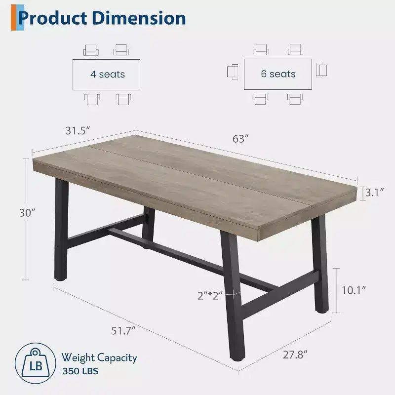 Table à manger industrielle pour 4 à 6 personnes, table de cuisine en bois de 160 cm de long avec cadre métallique robuste – Comptoir rectangulaire pour 4 à 6 personnes pour le dîner