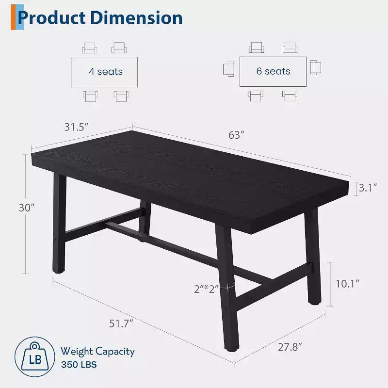 Table à manger industrielle pour 4 à 6 personnes, table de cuisine en bois de 160 cm de long avec cadre métallique robuste – Comptoir rectangulaire pour 4 à 6 personnes pour le dîner