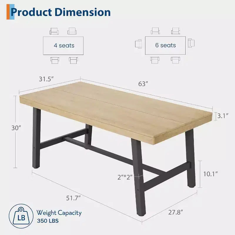 Table à manger industrielle pour 4 à 6 personnes, table de cuisine en bois de 160 cm de long avec cadre métallique robuste – Comptoir rectangulaire pour 4 à 6 personnes pour le dîner