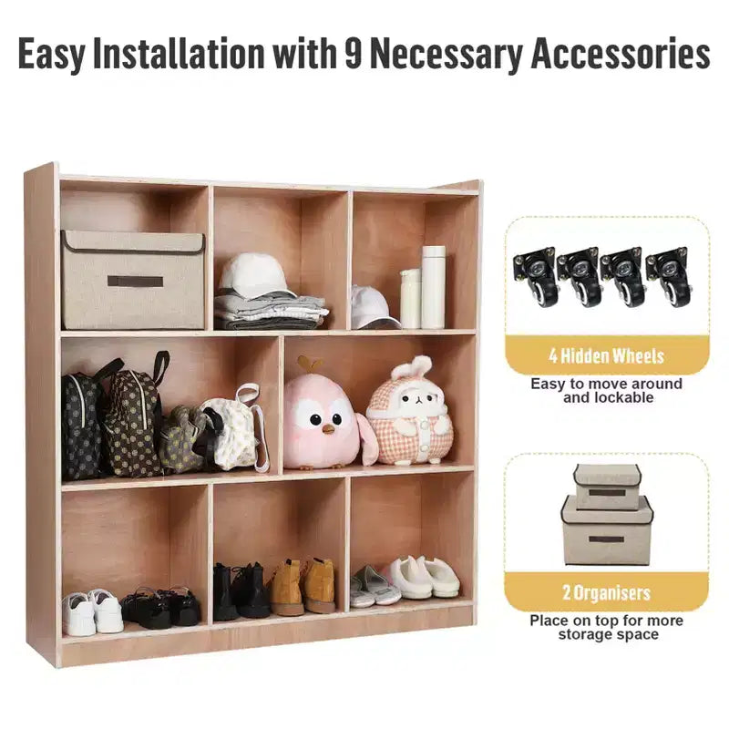 Meuble de rangement mobile à 8 compartiments avec 2 boîtes de rangement, étagères à jouets pour salles de classe, garderies, maisons, maternelles