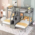 Wood Twin over Twin & Twin Bunk Bed, L Shaped Bunk Bed for 3 Kids, Heavy-Duty Triple Bunk Bed with Storage Drawers, Gray