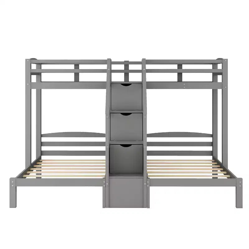 Lit superposé triple en bois (lits jumeaux sur lits jumeaux et lits jumeaux), en forme de L pour 3 enfants, robuste avec tiroirs de rangement, gris