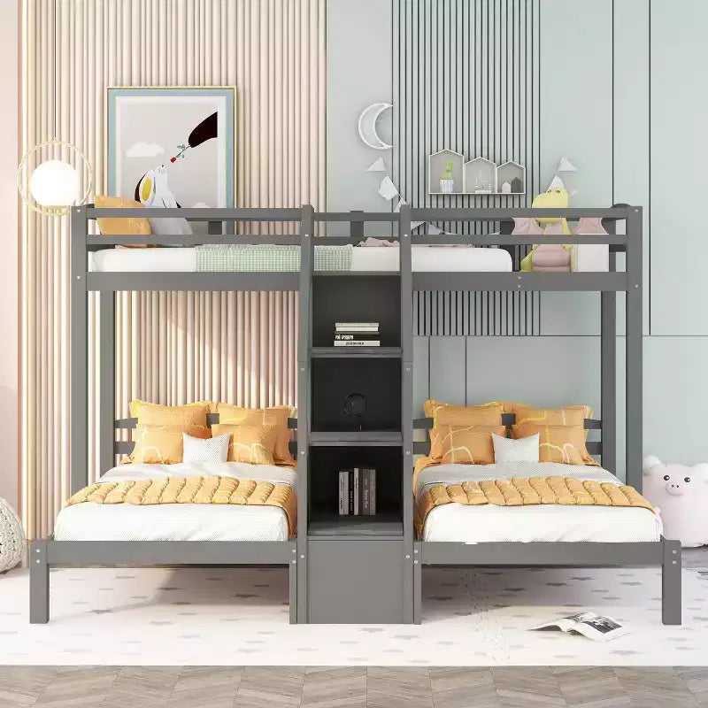 Lit superposé triple en bois (lits jumeaux sur lits jumeaux et lits jumeaux), en forme de L pour 3 enfants, robuste avec tiroirs de rangement, gris