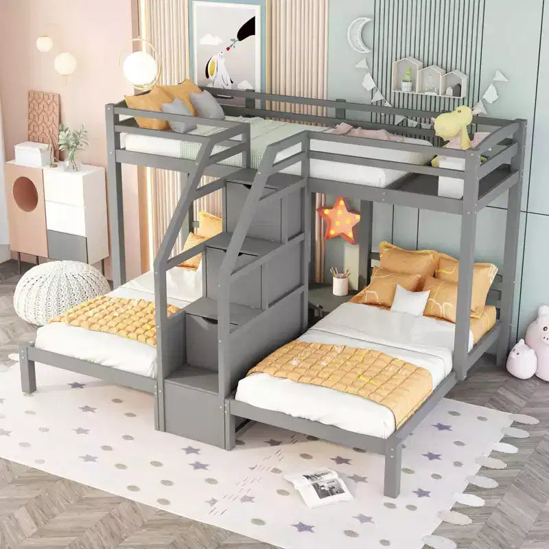 Lit superposé triple en bois (lits jumeaux sur lits jumeaux et lits jumeaux), en forme de L pour 3 enfants, robuste avec tiroirs de rangement, gris