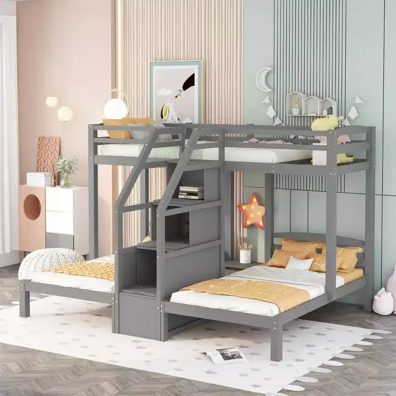 Lit superposé triple en bois (lits jumeaux sur lits jumeaux et lits jumeaux), en forme de L pour 3 enfants, robuste avec tiroirs de rangement, gris