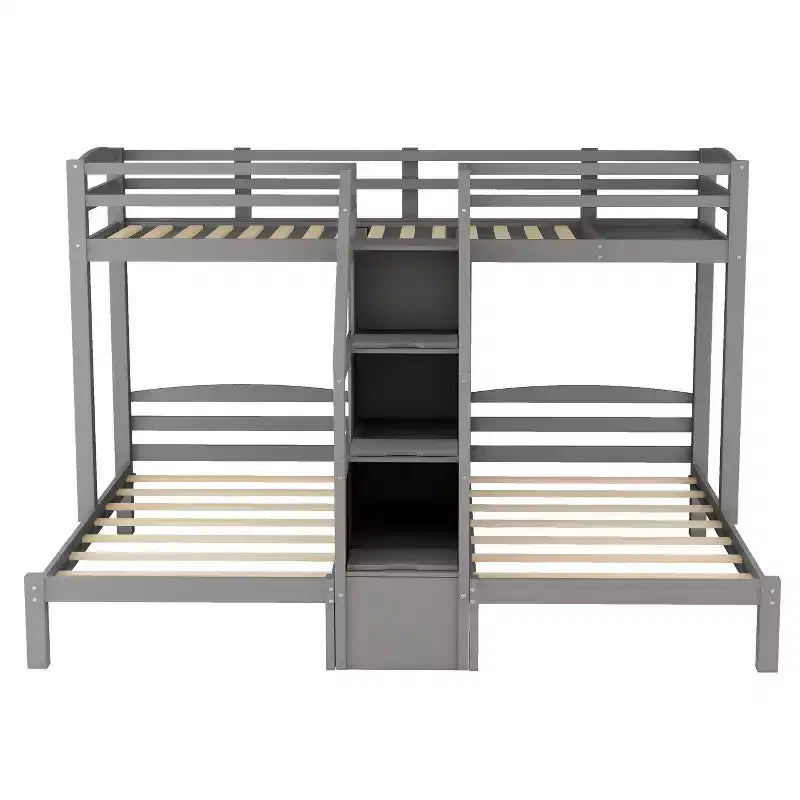 Lit superposé triple en bois (lits jumeaux sur lits jumeaux et lits jumeaux), en forme de L pour 3 enfants, robuste avec tiroirs de rangement, gris