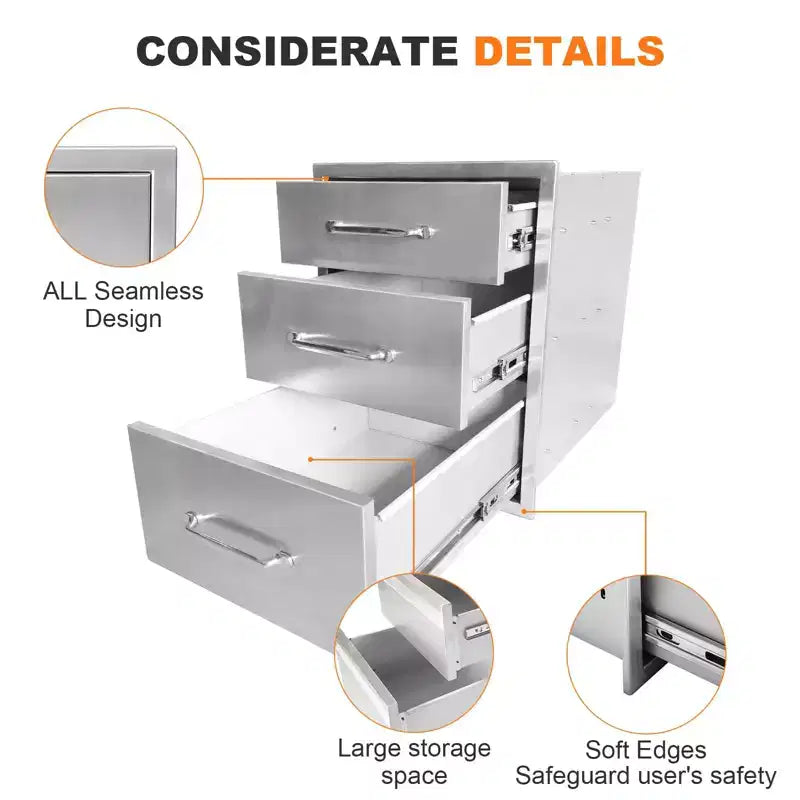 Tiroirs doubles d'accès en acier inoxydable pour cuisine extérieure, 46L x 58H x 58P cm, pour îlot de barbecue ou station de grillade