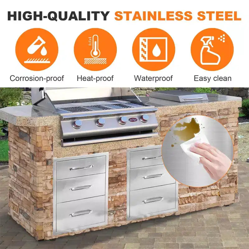 Tiroirs doubles d'accès en acier inoxydable pour cuisine extérieure, 46L x 58H x 58P cm, pour îlot de barbecue ou station de grillade
